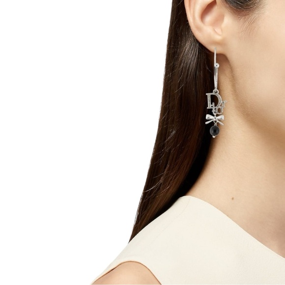 AUTH VTG Christian Dior Silver Crystal Logo Bow Hoop Earrings - Picture 2 of 4